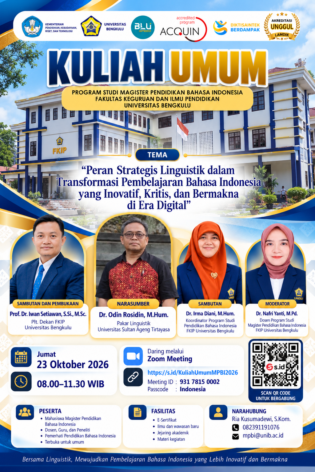 Hadirkan Pakar Linguistik Untirta, Magister Pendidikan Bahasa Indonesia FKIP Unib Gelar Kuliah Umum Transformasi Pembelajaran di Era Digital