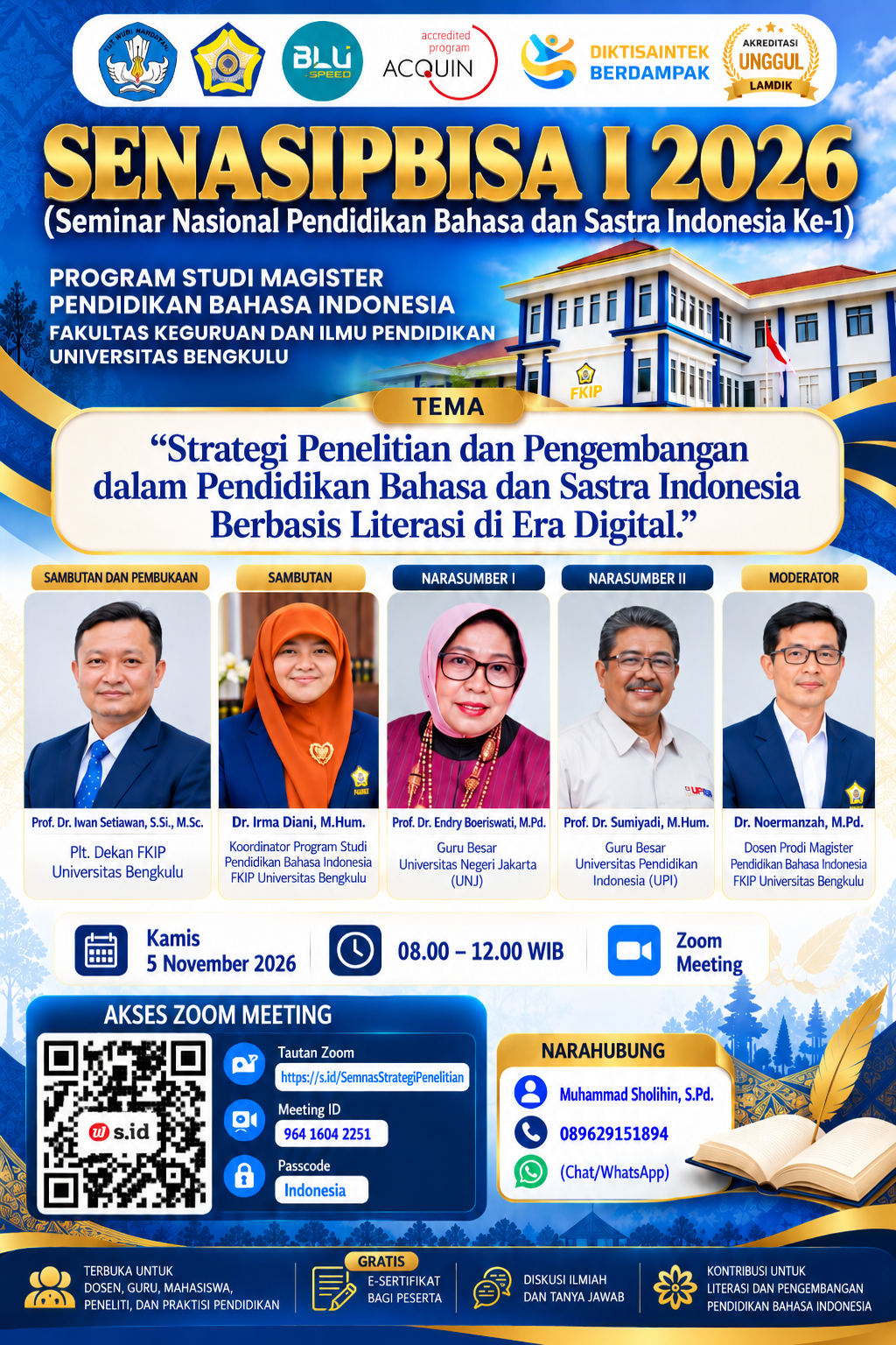 Prodi Magister Pendidikan Bahasa Indonesia FKIP UNIB Siap Gelar Seminar Nasional SENASIPBISA I 2026, Hadirkan Narasumber Utama dari UNJ dan UPI