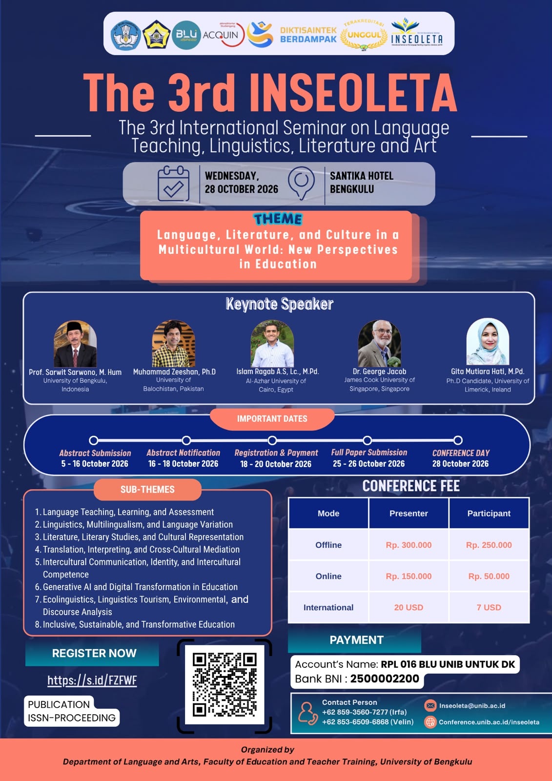 The 3rd International Seminar on Language Teaching, Linguistics, Language, and Art (INSEOLETA) 2026